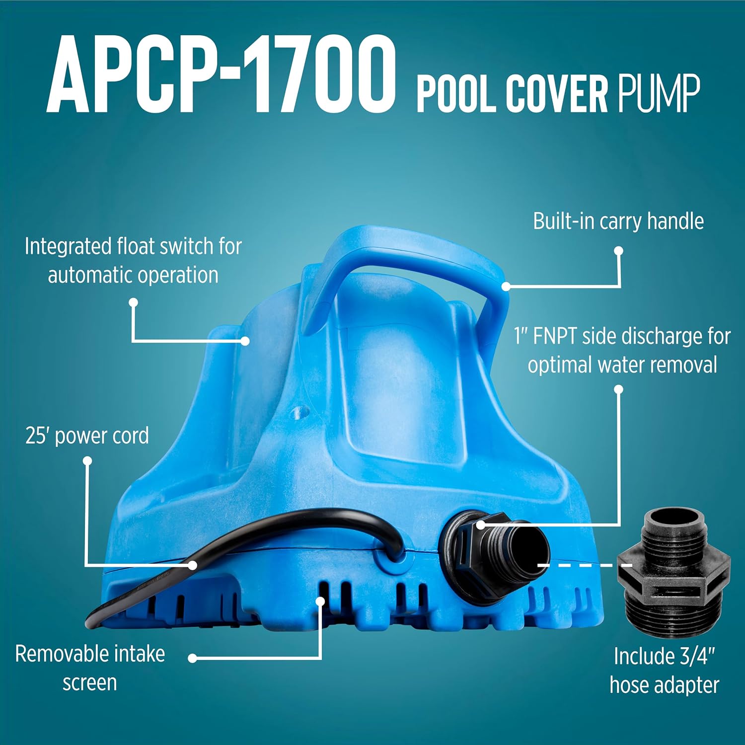 Little Giant Apcp-1700 115-Volt, 1/3 Hp, 1745 Gph, Automatic, Submersible, Swimming Pool Cover Pump With 25-Ft. Cord, Light Blue, 577301