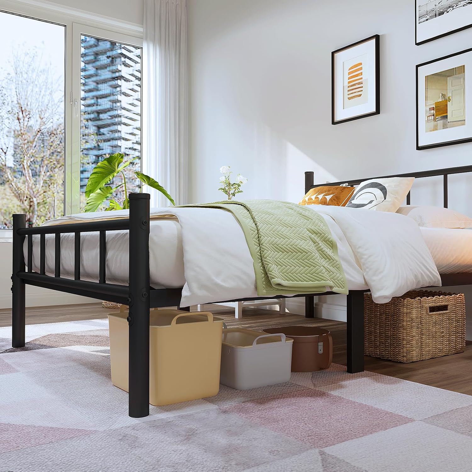 Zizin Twin Size Metal Bed Frame With Headboard & Footboard 14 Inch Metal Platform Mattress Foundation Support With Steel Slat, Under Bed Storage, No Box Spring Needed