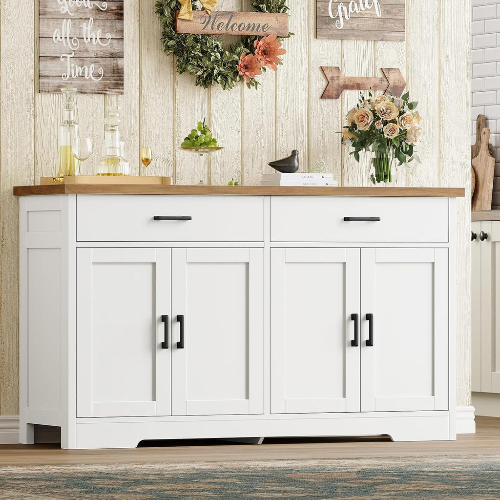 Buffet Cabinet With Storage And 2 Drawers, 47.2“ Large Sideboard Buffet Cabinet With Adjustable Shelves And Doors, Modern Coffee Bar Cabinet, White