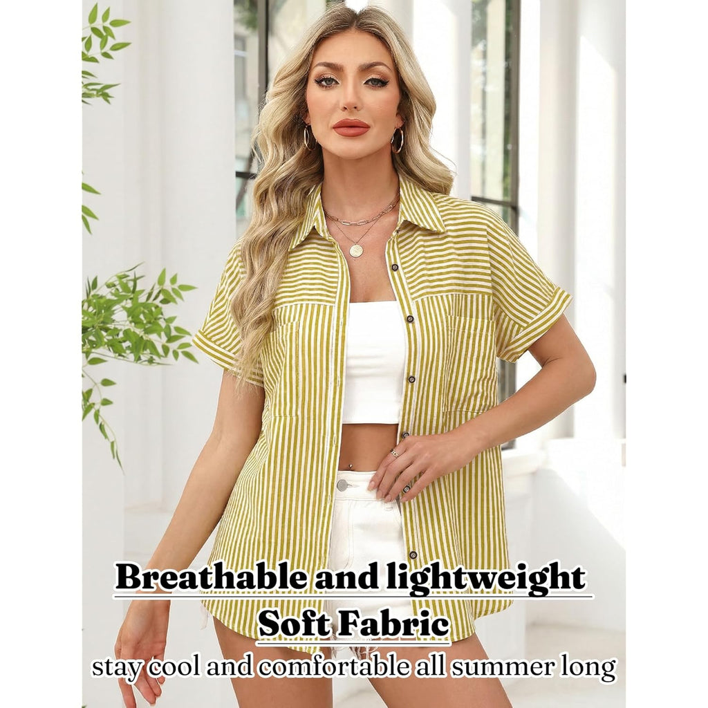 Button Down Shirt for Women Short Sleeve Blouses Dressy Casual Business Work Summer Vacation Tops Hawaii Shirts with Pockets