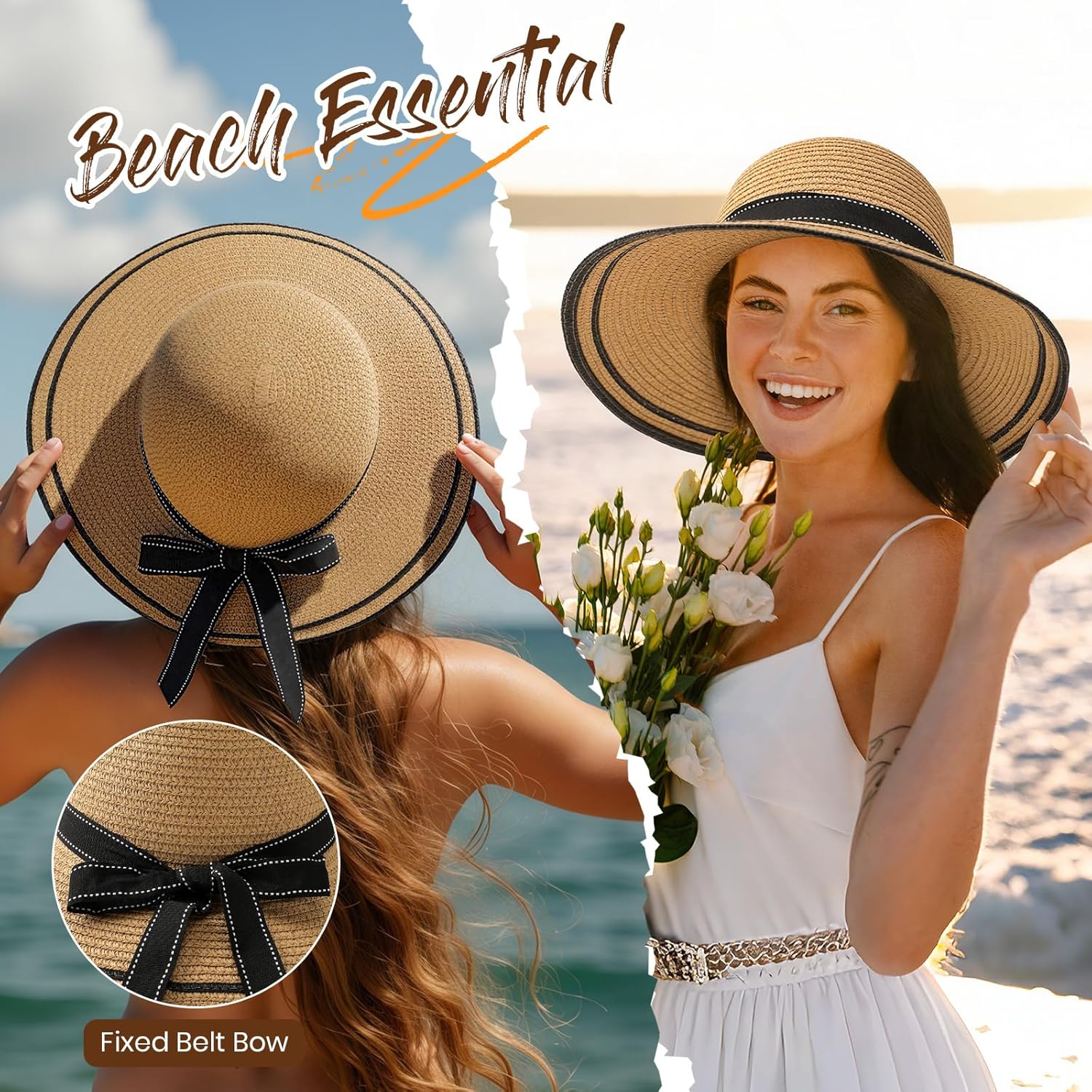 Beach Hats for Women, Wide Brim Sun Straw Hat for Women, Sun Hat UPF 50+ UV Protection