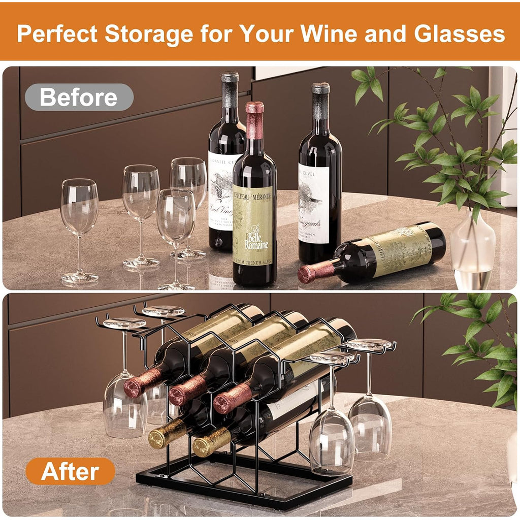 B4Life Countertop Wine Rack, Wine Rack With Glass Holder 8 Bottles | Freestanding Small Liquor Holder Metal, Tabletop Bottle Storage Stand For For Home, Kitchen, Bar, Cellar