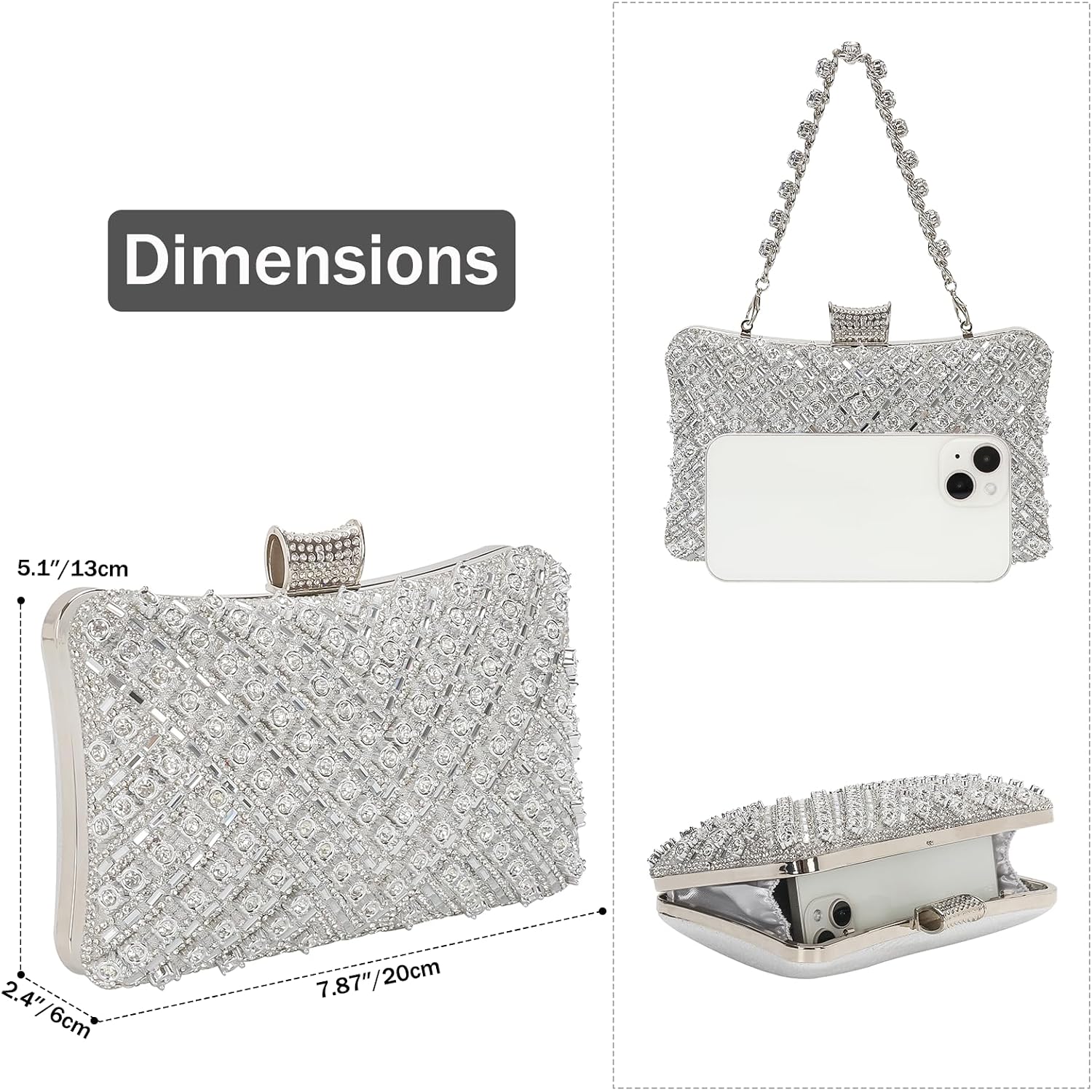 Women Sparkly Rhinestone Clutch With Chains, Glitter Evening Handbag Purse Shoulder Bag For Wedding Party Prom
