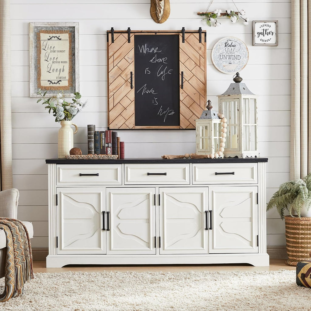 66" Farmhouse Buffet Cabinet With Storage, Sideboard Credenza, Carved Cloud-Inspired Doors, 3 Drawers & Adjustable Shelves, Coffee Bar Cabinet, Off White