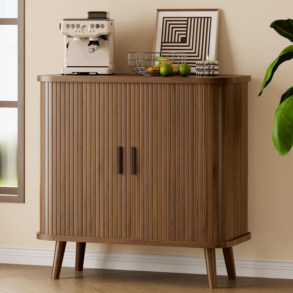 Sideboard Buffet Cabinet With Sliding Door, 31.5" Wide Fluted Modern Accent Storage Cabinet With Adjustable Shelves, Wood Coffee Bar Buffet Console Table For Kitchen, Dining Room, Living Room, Walnut