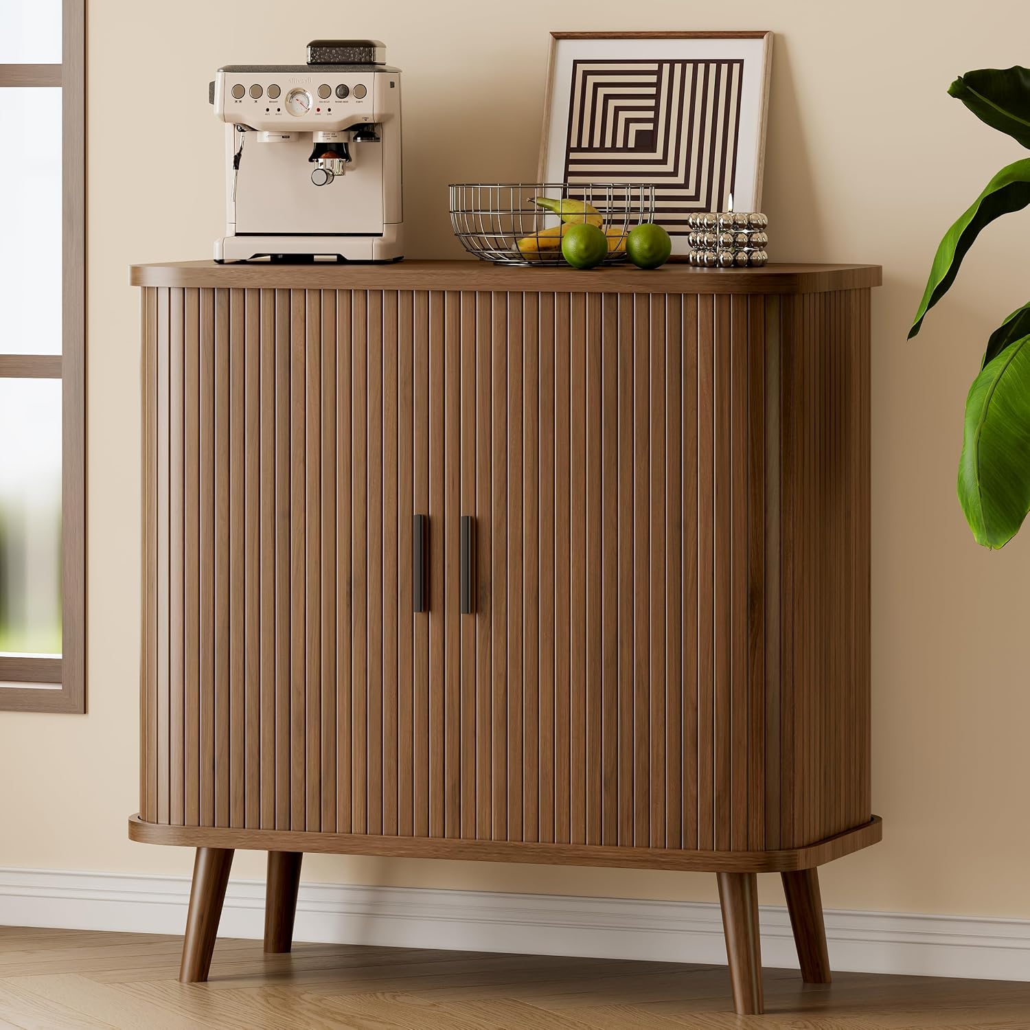 Sideboard Buffet Cabinet With Sliding Door, 31.5" Wide Fluted Modern Accent Storage Cabinet With Adjustable Shelves, Wood Coffee Bar Buffet Console Table For Kitchen, Dining Room, Living Room, Walnut