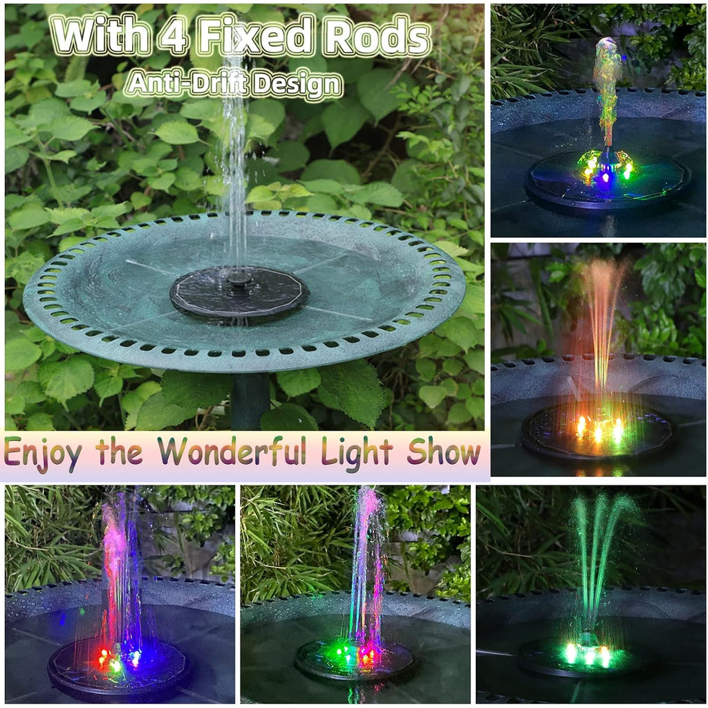 Solar Powered Fountain 4W Bird Bath Fountains Pump Upgraded Glass Panel Fountains With Color Led Lights 7 Nozzles & 4 Fixers For Garden Small Pond Outdoor Swimming Pool Fish Tank
