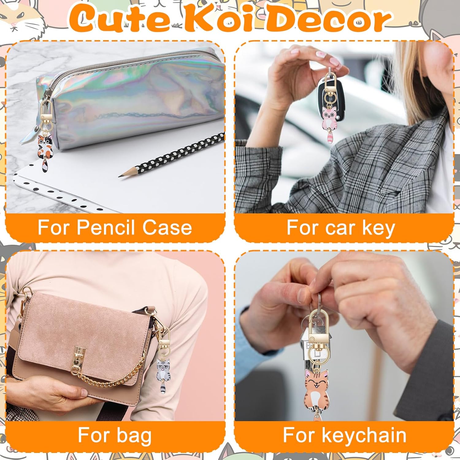 Nogeqi 7 Pcs Cat Keychain, Cute Cats Charms, Kawaii Cat Key Chains, Kitty Keyring, Cats Accessories for Women Car Keys Purse