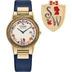 Citizen Ladies' Eco-Drive Disney Princess Snow White Gold Stainless Steel Case With Blue Leather Strap Watch And Pin Gift Set, Pale Gold Dial, Date (Model: Ga1079-41W)
