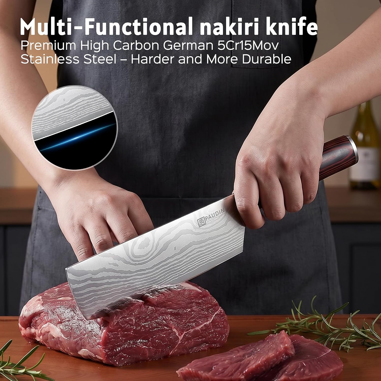 Paudin Nakiri Knife - 7" Razor Sharp Meat Cleaver And Vegetable Kitchen Knife, High Carbon Stainless Steel, Multipurpose Asian Chef Knife For Home And Kitchen With Ergonomic Handle