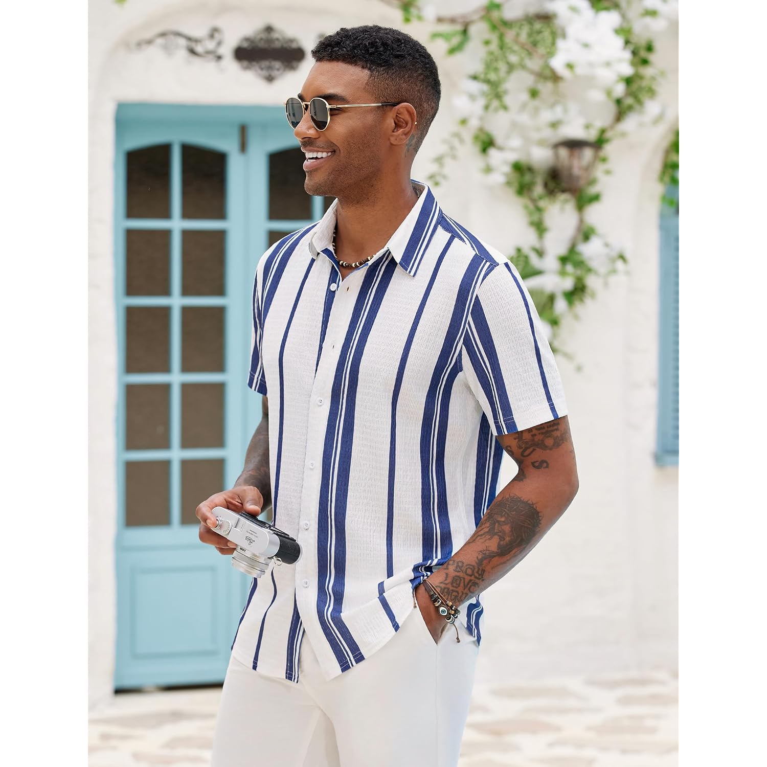 Coofandy Mens Short Sleeve Casual Shirts Button Down Striped Summer Shirts Textured Vacation Beach Shirt