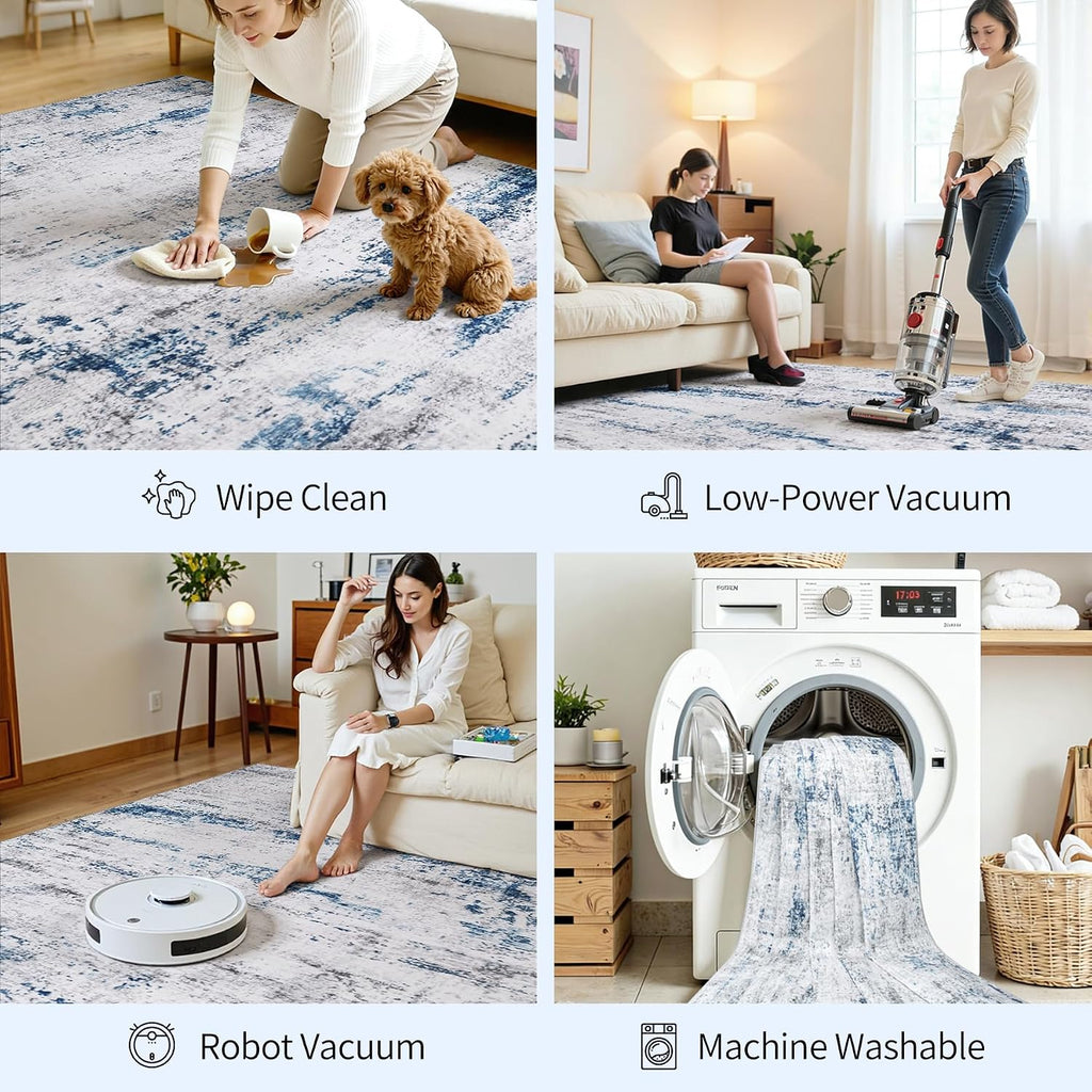 Area Rug Living Room Rugs: 5X7 Large Soft Indoor Carpet Modern Abstract Rug With Non Slip Rubber Backing For Under Dining Table Nursery Home Office Bedroom White Gray Blue