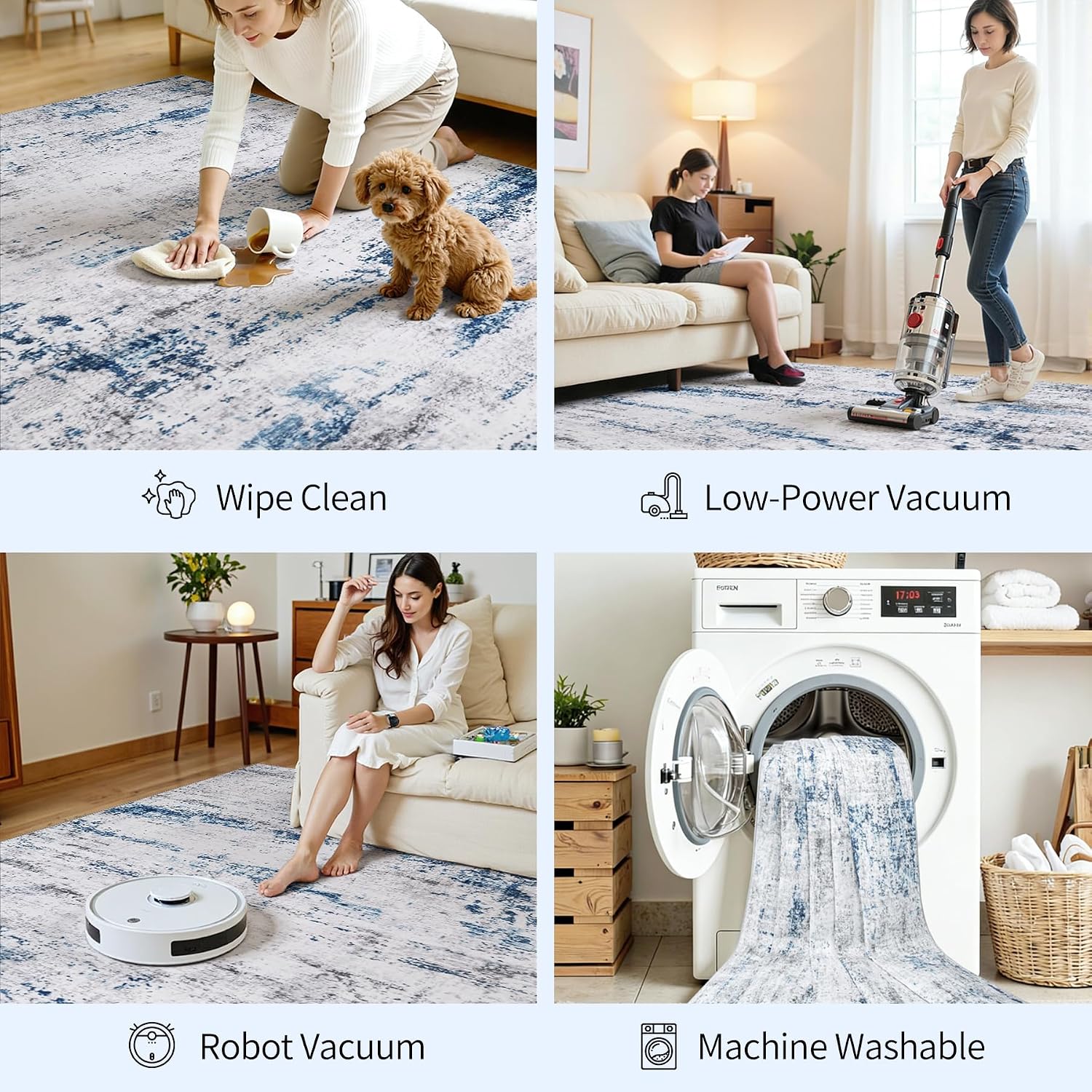 Area Rug Living Room Rugs: 5X7 Large Soft Indoor Carpet Modern Abstract Rug With Non Slip Rubber Backing For Under Dining Table Nursery Home Office Bedroom White Gray Blue