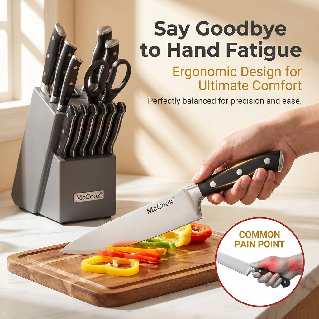 Mccook® Knife Sets,German Stainless Steel Kitchen Knife Block Set With Built-In Sharpener