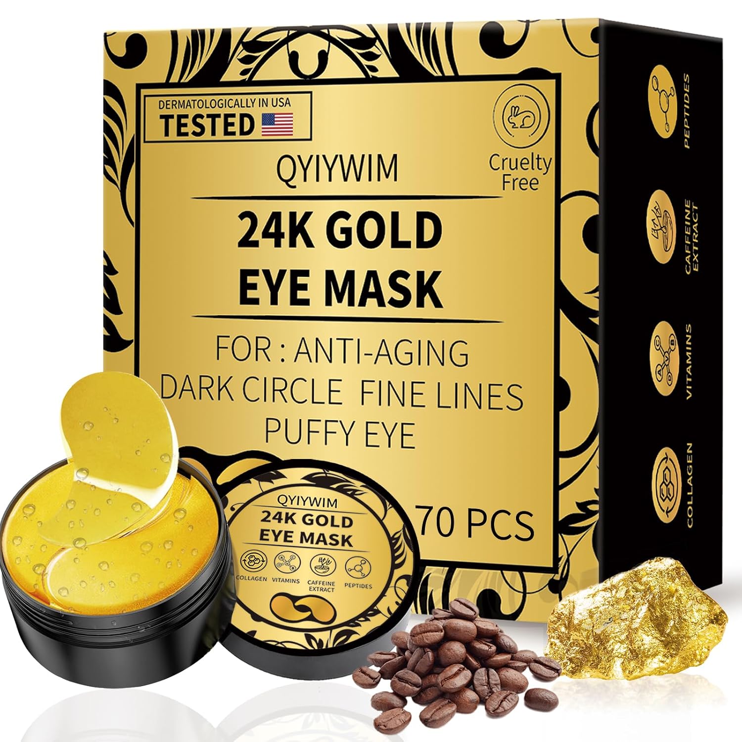 Under Eye Patches 70Pcs, 24K Gold Eye Patches For Puffy Eyes Treatment, Under Eye Masks For Dark Circles And Puffiness, Non-Irritating Eye Mask Skincare, Eyes Bags Treatment, Eye Gel Pads