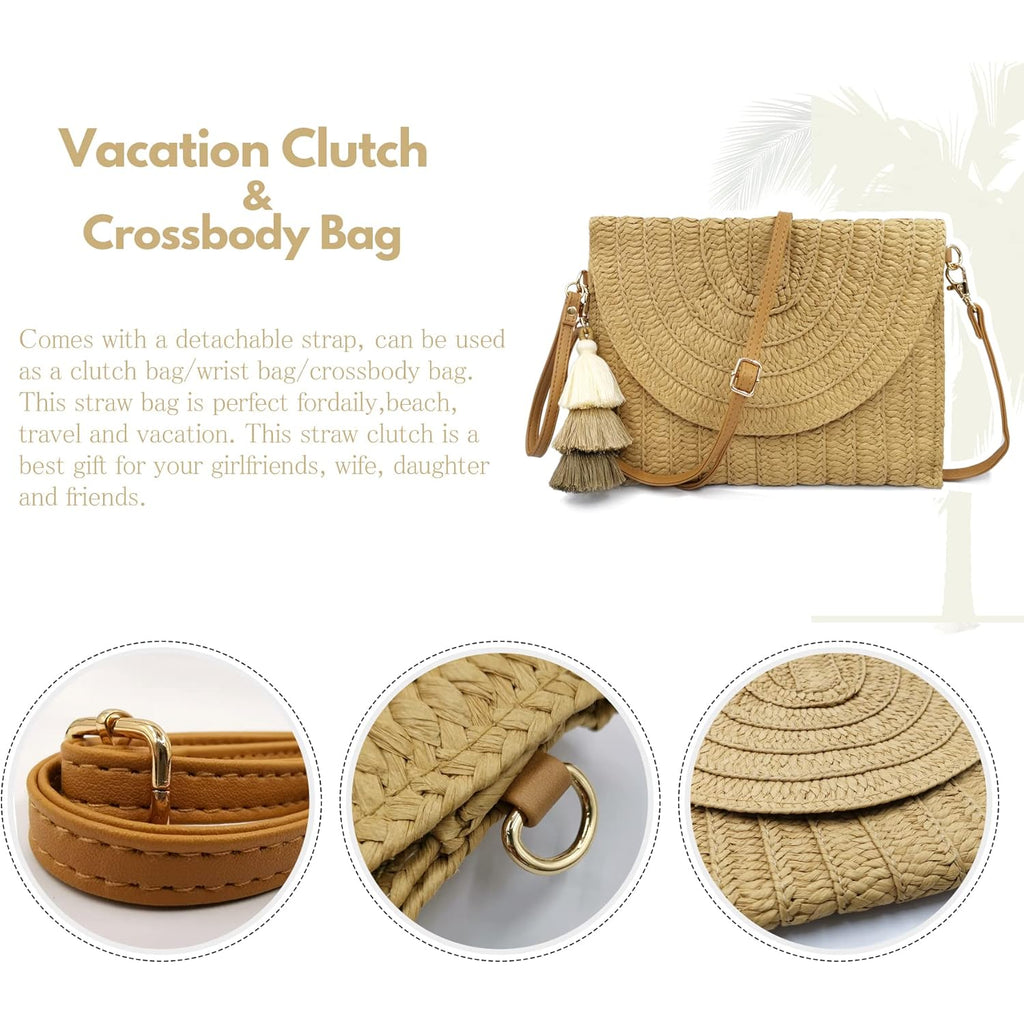 Aovtero Straw Clutch Purse Women Crossbody Bag Summer Beach Shoulder Bags Envelope Wallet Handbags
