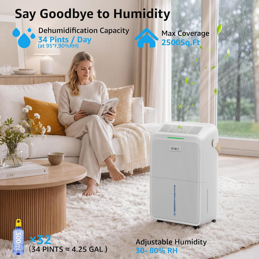 Knka 2500 Ft² Max 34 Pints Dehumidifier For Basement With Drain Hose, White | Dehumidifiers For Home, Bedroom, Bathroom, Large Room, Three Modes, Intelligent Humidity Control, Dry Clothes, 24Hr Timer