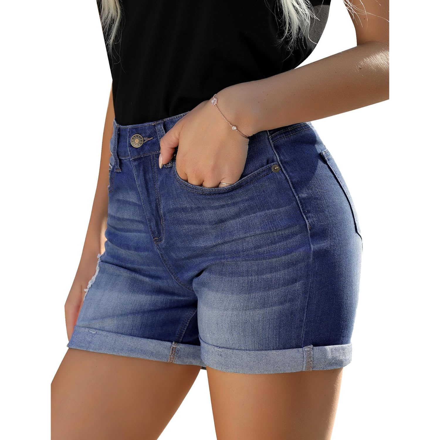 Women's Casual High Waisted Distressed Shorts Folded Hem Stretch Jean Denim Shorts