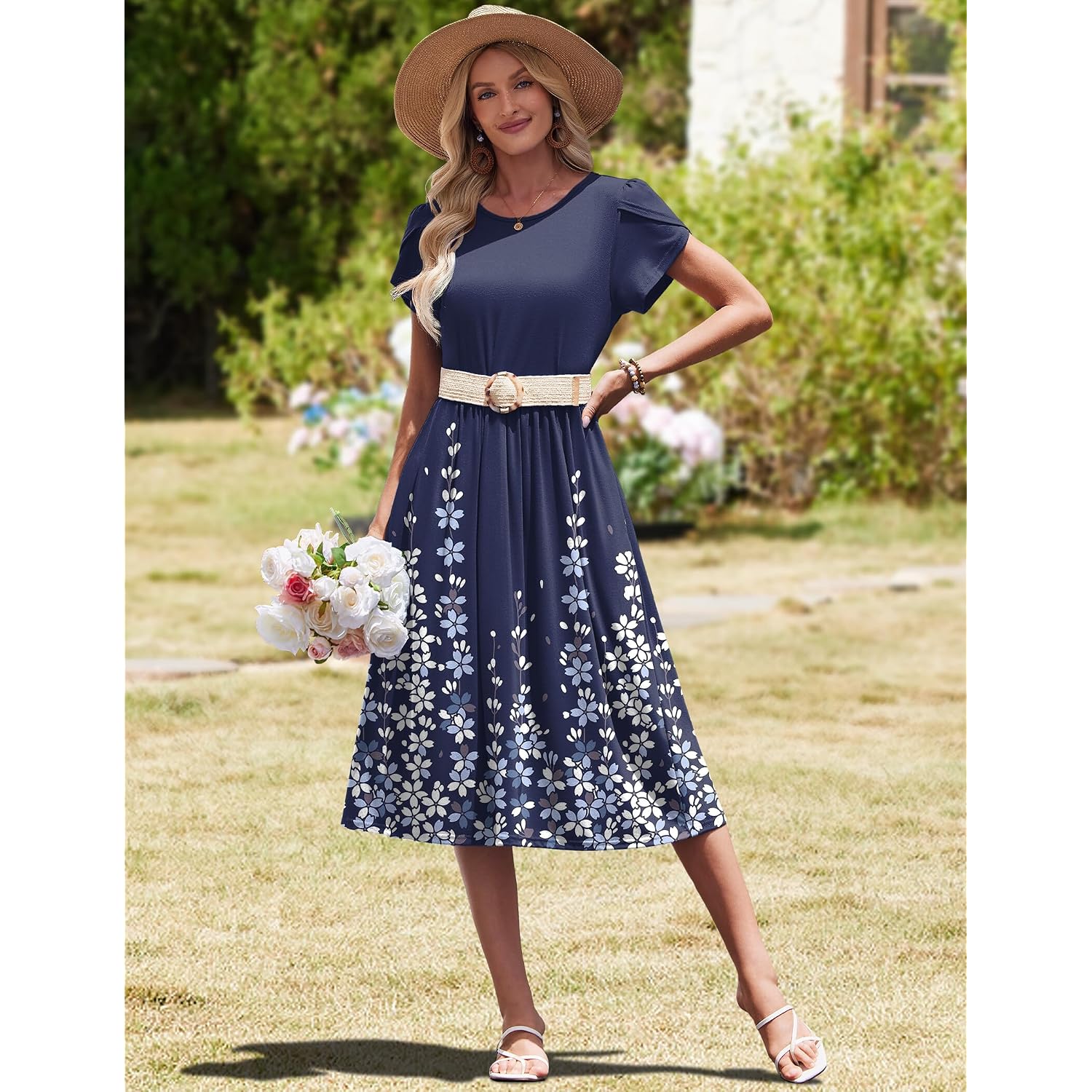 Hotouch Women'S Summer A-Line Midi Dresses 2026 Casual Floral Short Sleeve T-Shirt Dress Flowy Beach Sundress With Pockets