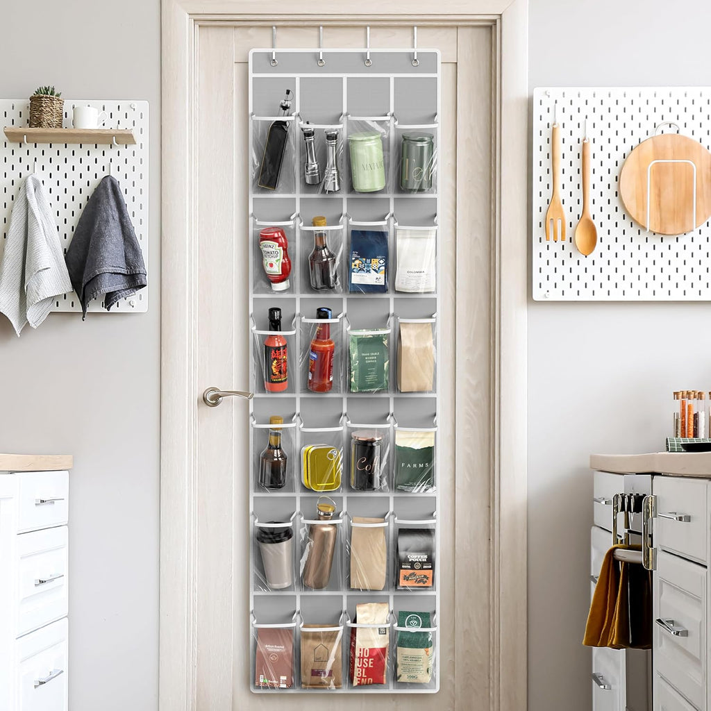Simple Houseware 24 Pockets - Crystal Clear Over The Door Hanging Shoe Organizer, Gray (64'' X 19'')