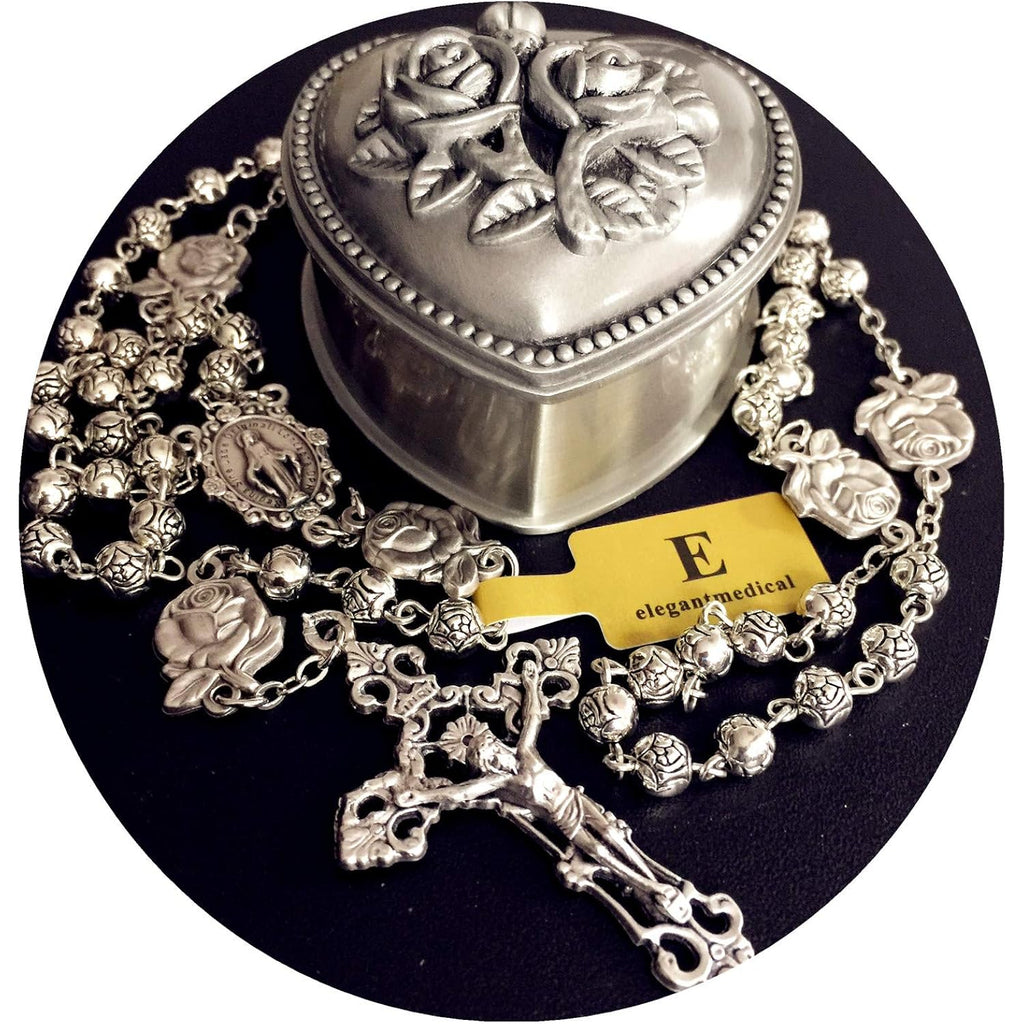 elegantmedical HANDMADE Silver rose beads Catholic 5 DECADE Rosary case Cross Gift Box Italy crucifix cross