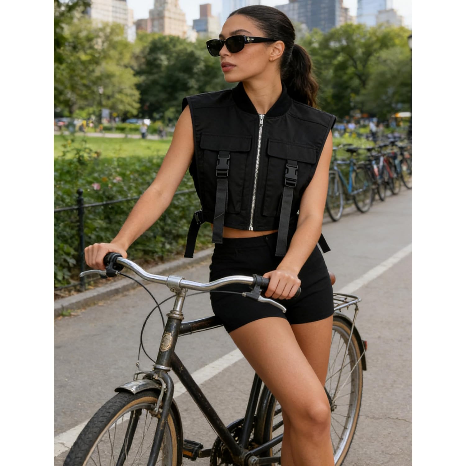 Women'S Sexy Crop Cargo Vest Sleeveless Buckle Zip Up Vest Jacket Tops Steampunk Streetwear With Pockets