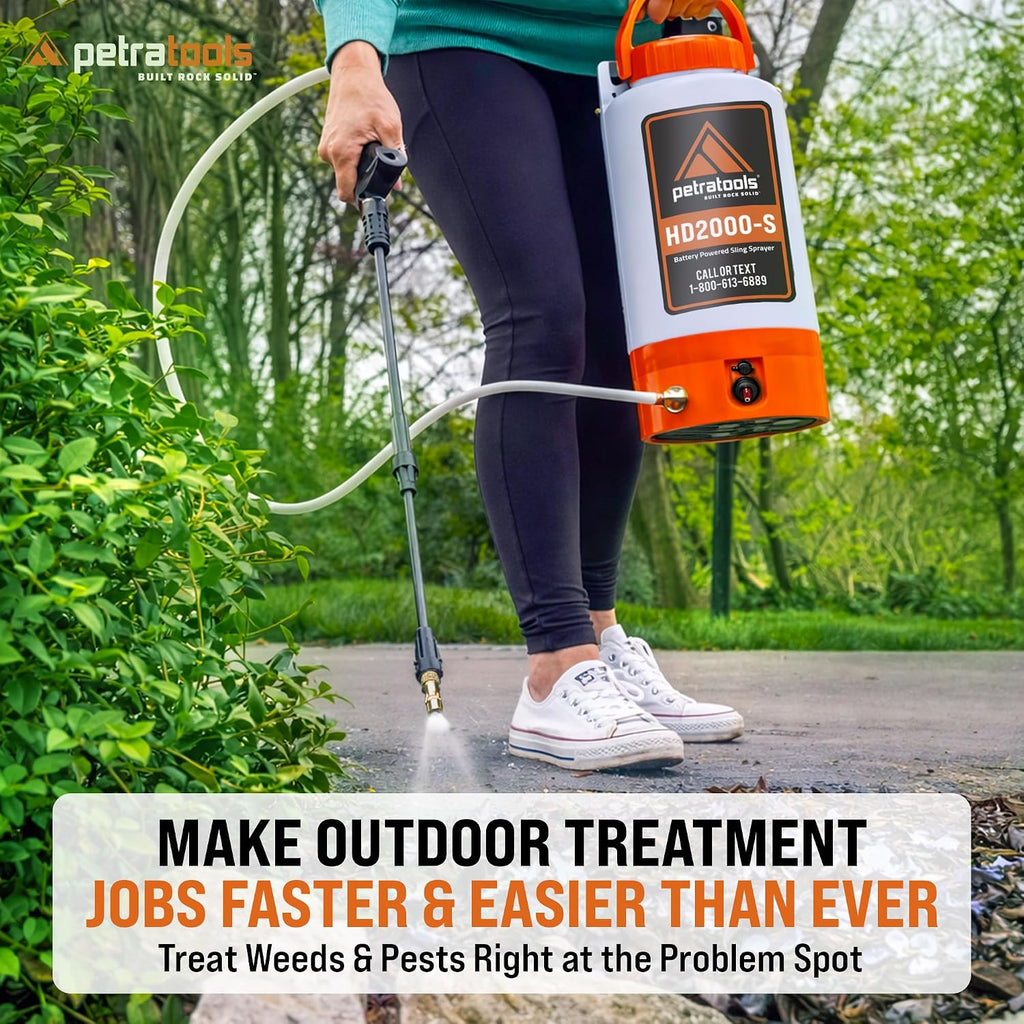 Petratools Hd2000-S 2 Gallon Battery Powered Garden Sprayer, 2 Hour Runtime | Rechargeable Weed Sprayer W/ 4 Ft Hose, Wand, 2 Nozzles - For Lawn Care, Weed & Pest Control, Fertilizing - Up To 20 Ft Reach