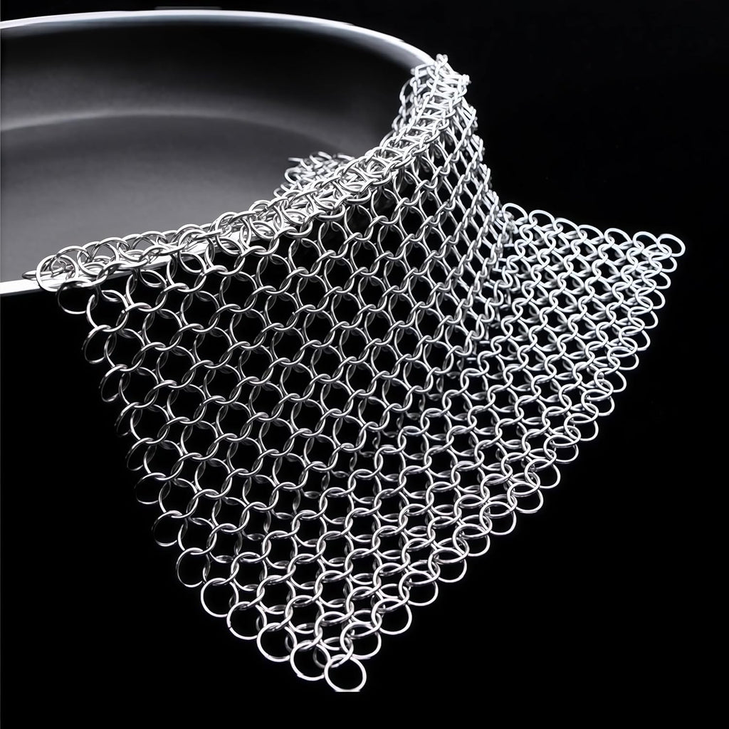 8"x6" Cast Iron Scrubber Stainless Steel Chainmail Cleaner for Pre-Seasoned Pans, Griddles, BBQ Grill and Pot Cookware Cleaning