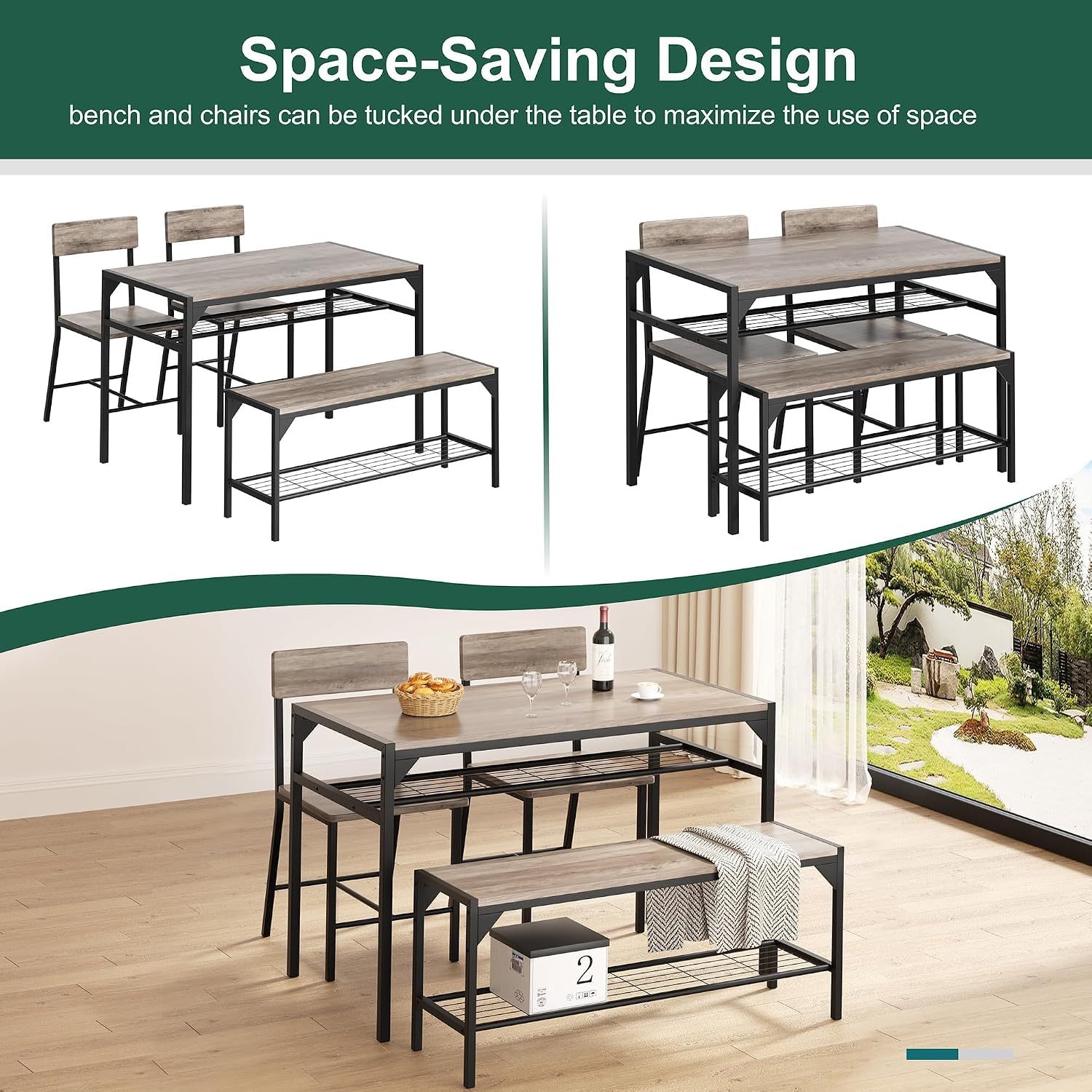 Shintenchi Kitchen Table Chairs Set Of 4, Dining Table Set For 4 With Bench And Chairs, 4 Pieces Kitchen Table Set With Storage Rack & Metal Frame For Small Space, Oak Gray
