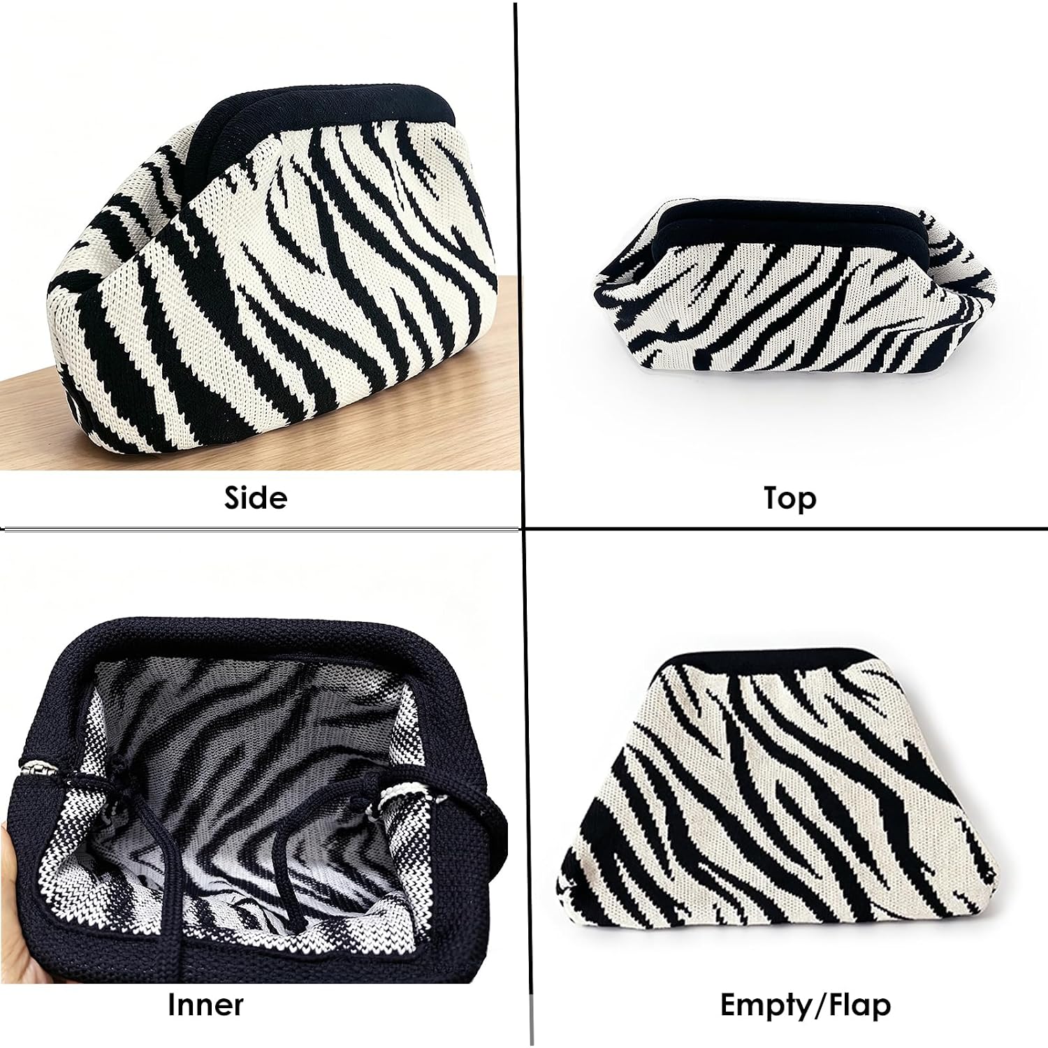 Zebra Print Purse For Women,Knitted Striped Crossbody Dumpling Clutch Bag,White And Black Crochet Cloud Handbag For Summer Beach,Evening Party