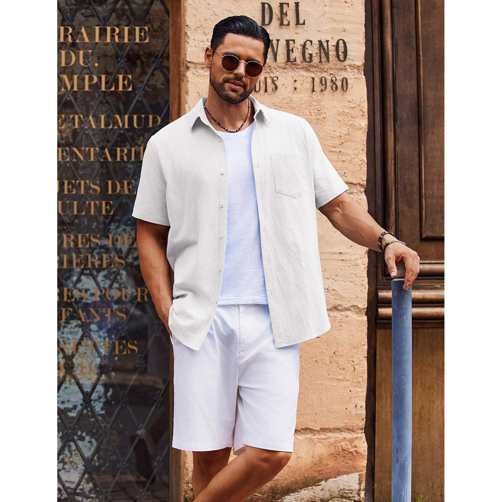 Coofandy Men'S Button Down Short Sleeve Shirt Casual Cotton Summer Beach Linen Wedding Shirts With Pocket