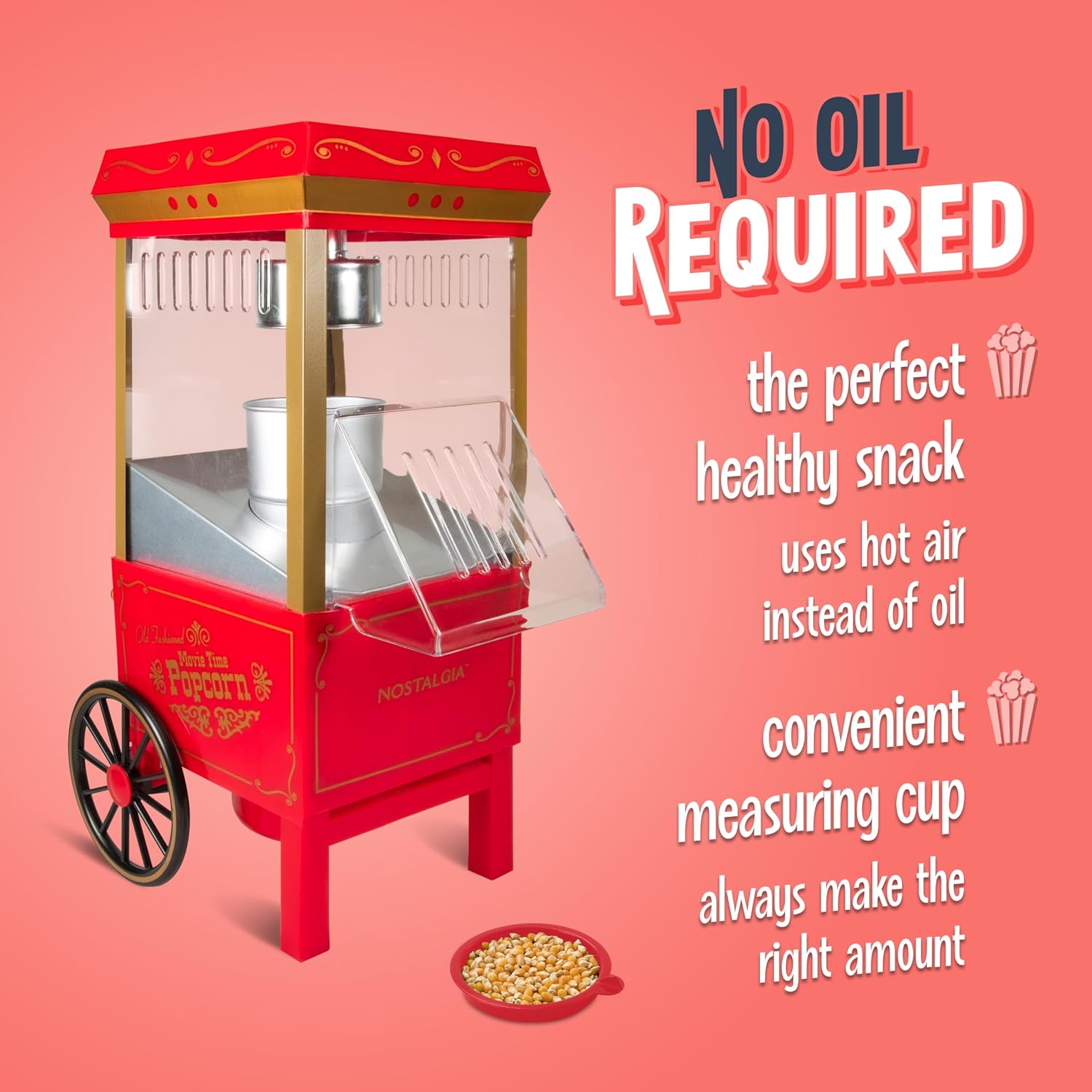 Nostalgia Vintage Hot-Air Popcorn Maker Machine - Makes Up To 12 Cups - Oil-Free - Healthier Popcorn - Classic Stand-Up Cart With Wheels - Includes Kernel Measuring Cup - Red