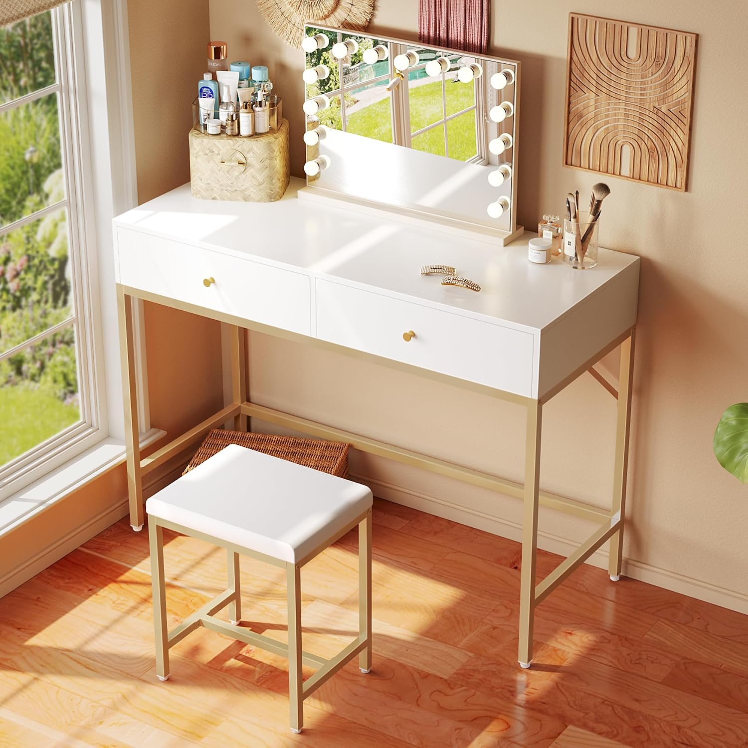 Superjare 35.4" White And Gold Desk With 2 Drawers, Modern Makeup Vanity With Padded Stool, Small Computer Desk Home Office Desk For Writing Study Bedroom