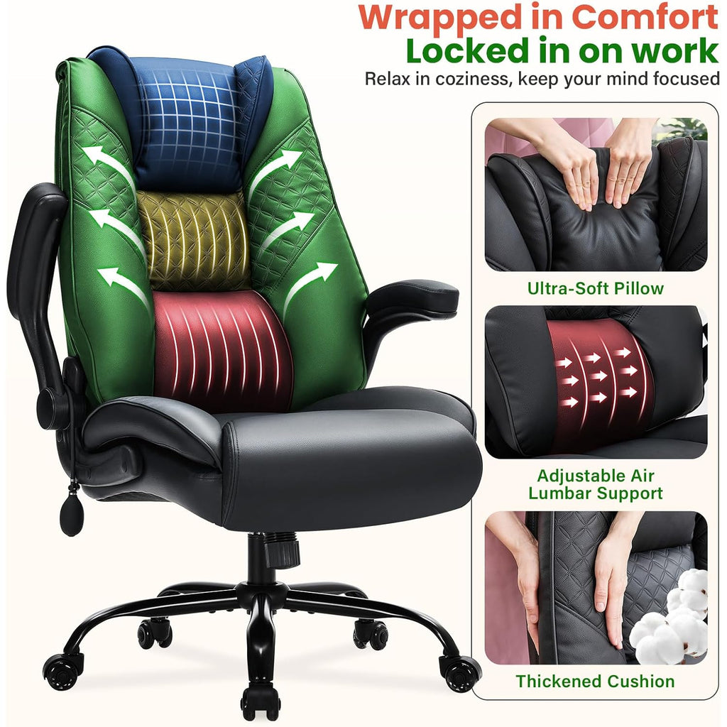 Cioman 500Lbs Big And Tall Office Chair With Inflatable Lumbar Support, Rubber Wheels Executive Chair With Rocking Function, High Back Wide Cushion Ergonomic Desk Chair For All-Day Sitting,Black