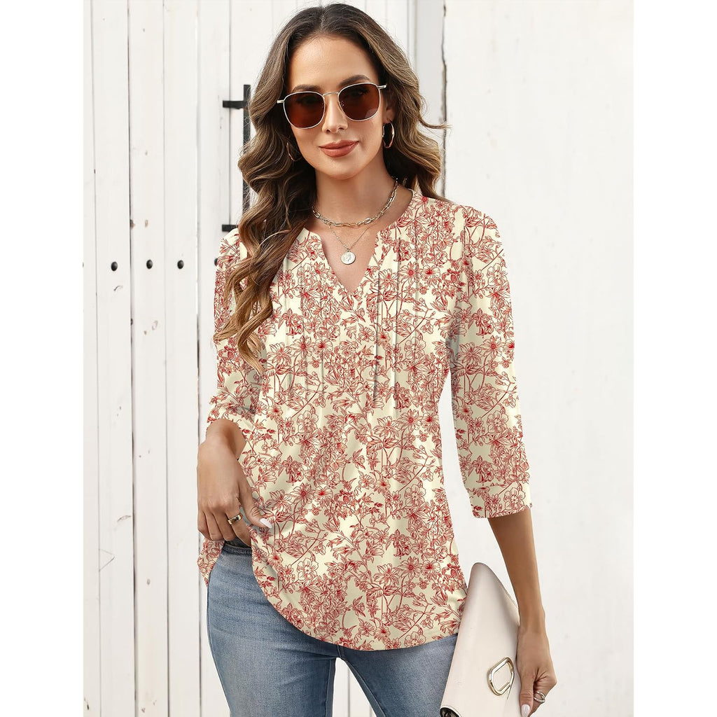 LOMON 3/4 Length Sleeve Womens Tops Pleated Puff Sleeve V Neck Work Blouses for Women Dressy Casual Spring Summer Clothes