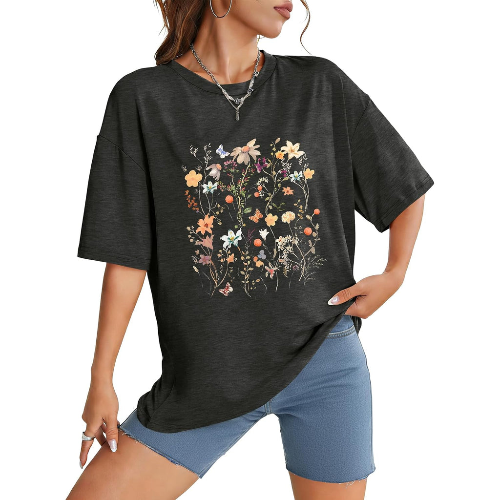 WIHOLL Oversized Tshirts for Women Summer Crew Neck Short Sleeve Graphic Tees Casual Loose Fit Workout Tops 2026 Flower Print Black