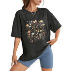 WIHOLL Oversized Tshirts for Women Summer Crew Neck Short Sleeve Graphic Tees Casual Loose Fit Workout Tops 2026 Flower Print Black