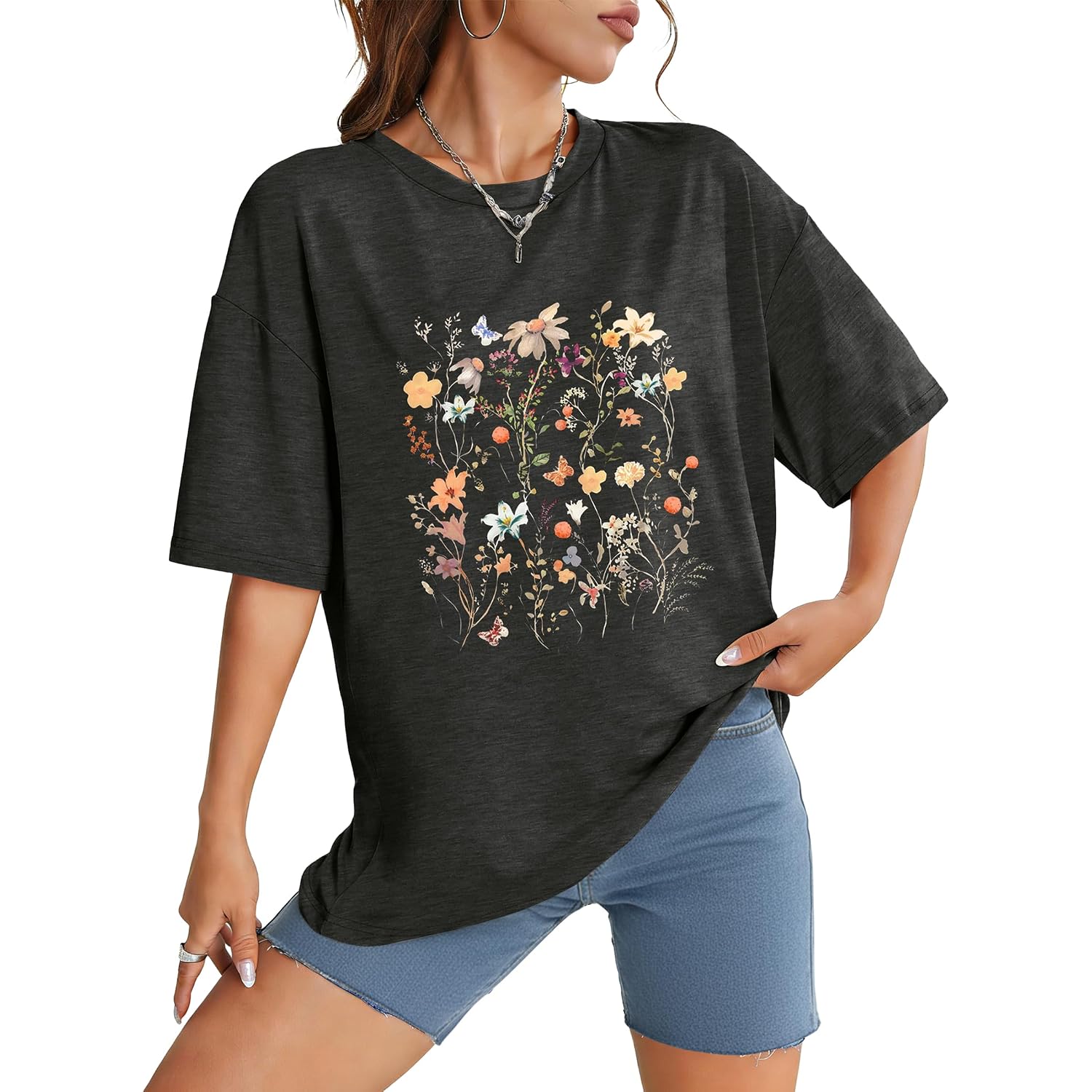 WIHOLL Oversized Tshirts for Women Summer Crew Neck Short Sleeve Graphic Tees Casual Loose Fit Workout Tops 2026 Flower Print Black