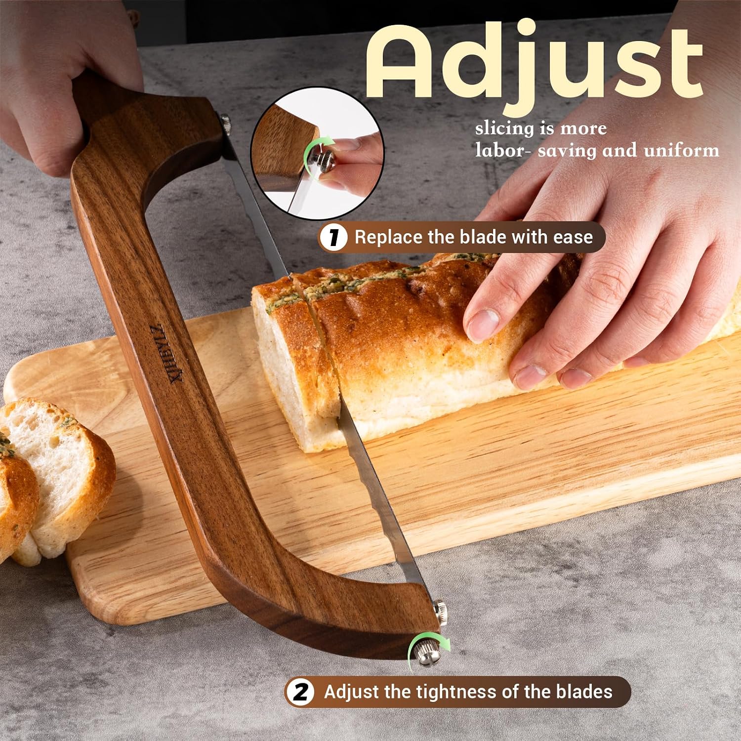 Sourdough Bread Knife,Bread Slicer For Homemade Bread,Adjustable Blade Tightness For Even Slicing, Serrated Knife,Wooden Bread Cutter With Bow Design (1, Brown)