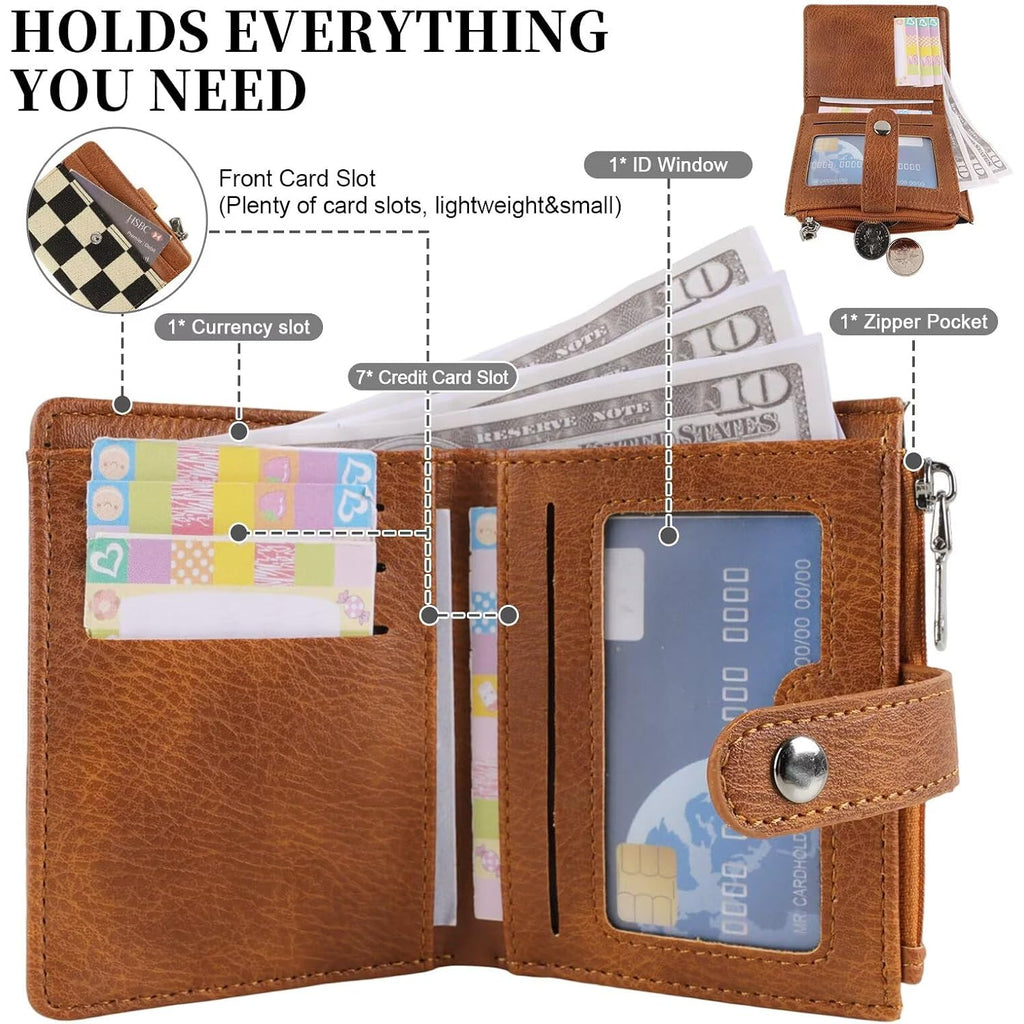 Small Checkered Wallet For Women,Rfid Blocking Pu Leather Bifold Wallet,Cute Compact Credit Card Holder Purse With 8 Card Slots,Id Window And Coin Pocket(Brown)