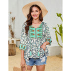 Boho Tops for Women Floral Print 3/4 Sleeve V Neck Blouse Pleated Flowy Vacation Casual Summer Tunic Blouses