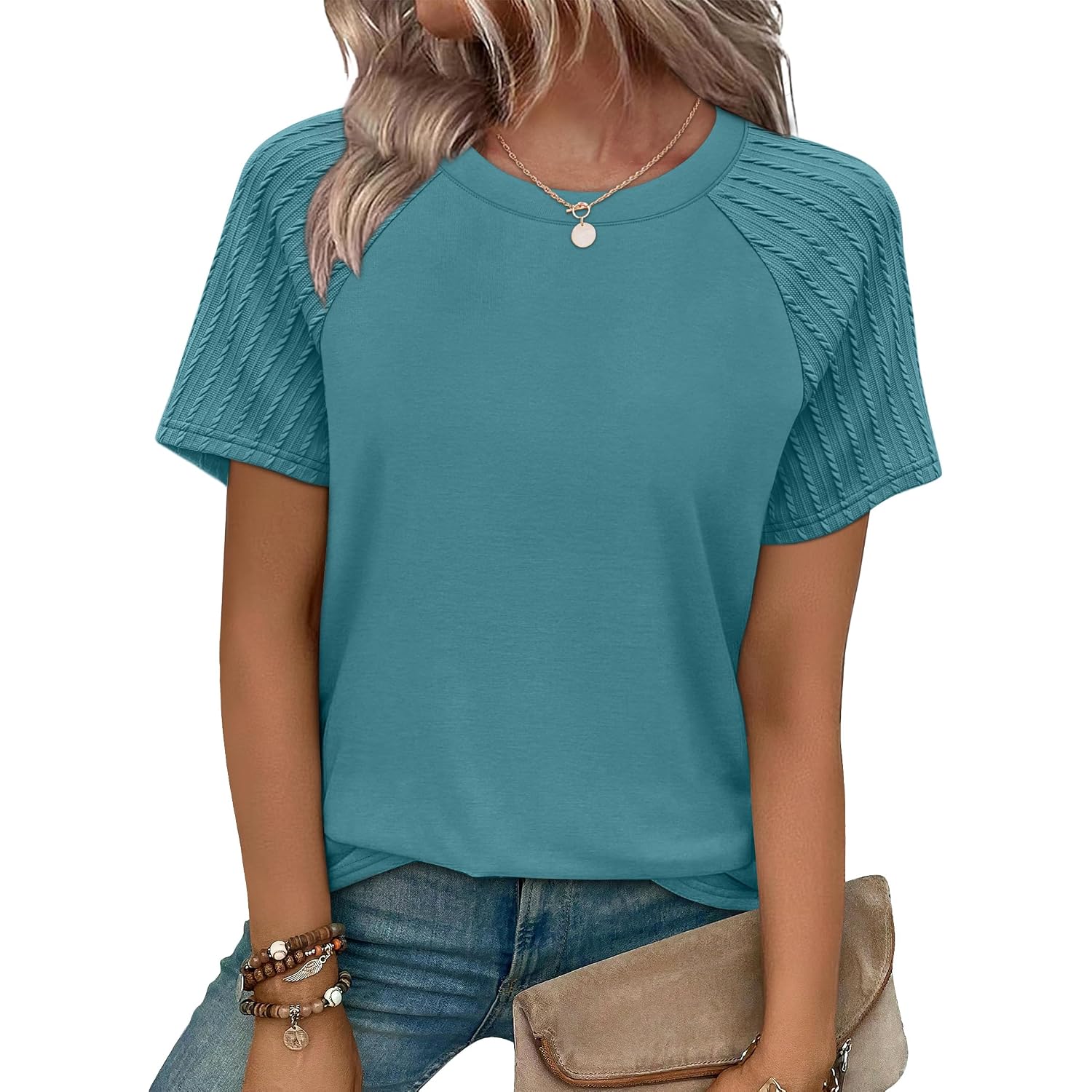 Wiholl Summer Tops For Women 2026 Trendy Short Sleeve Shirts Crew Neck Tops Curved Hem Fashion Clothing