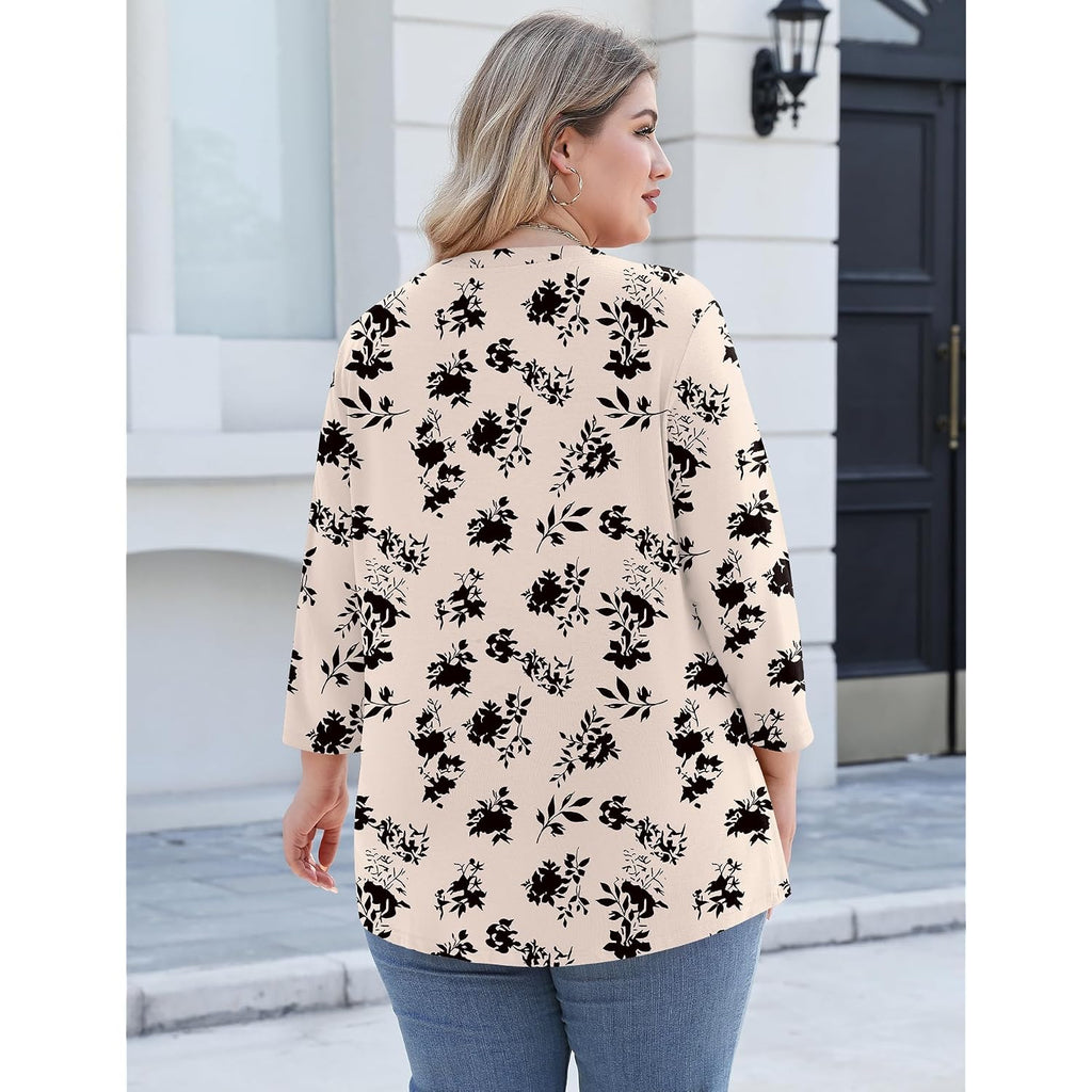 Lomon 3/4 Length Sleeve Womens Plus Size Tops V Neck Tunic Blouses Dressy Casual Oversized Basic Tees Loose Fit Shirts
