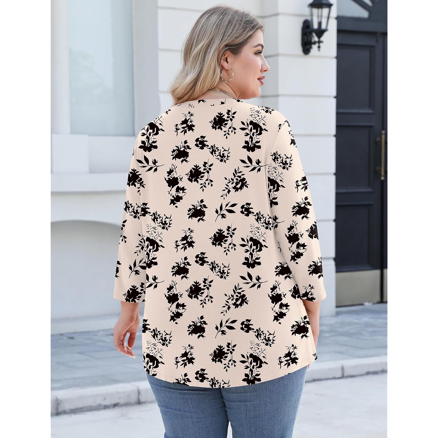 Lomon 3/4 Length Sleeve Womens Plus Size Tops V Neck Tunic Blouses Dressy Casual Oversized Basic Tees Loose Fit Shirts