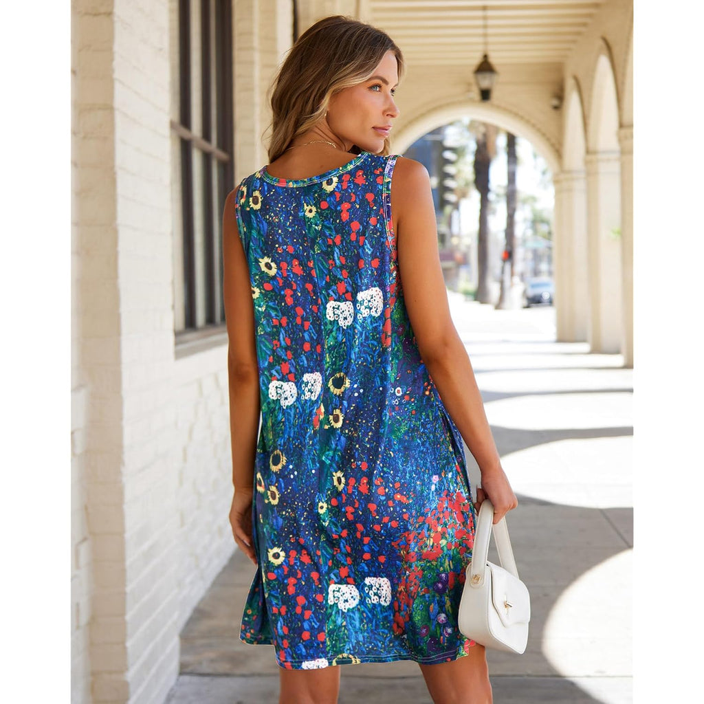 Elescat Women'S Summer Dresses 2026 Beach Casual Sleeveless Floral Print Tank Loose Sundress With Pocket