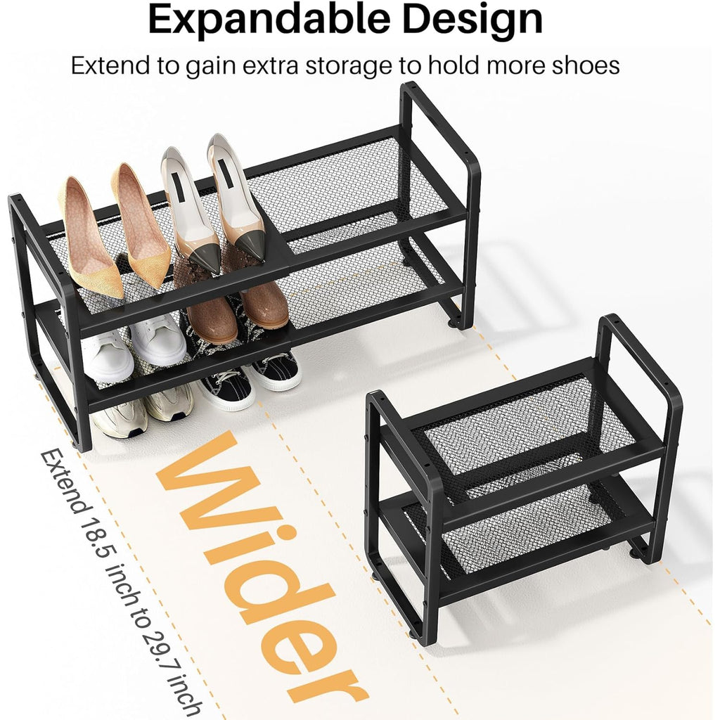 SNTD Shoe Rack - Expandable Shoe Organizer for Closet, Adjustable Metal Shoe Shelf Storage, Stackable Long Shoe Stand Holder for Garage, Entryway, Door Entrance (Black, 2-Tier)