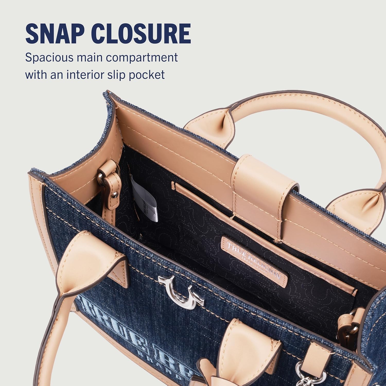 True Religion Denim Tote Bag, Bombe Logo Shoulder Carryall with Horseshoe Hardware and Strap Hand Bag, Dark Denim