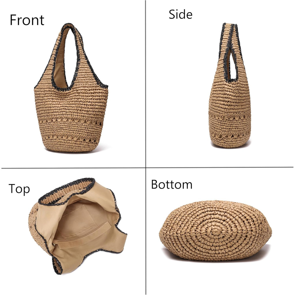 Jollque Straw Bag For Women, Raffia Tote Large Summer Beach Purse Woven Shoulder Bags Boho Vacation Handbag With Zipper