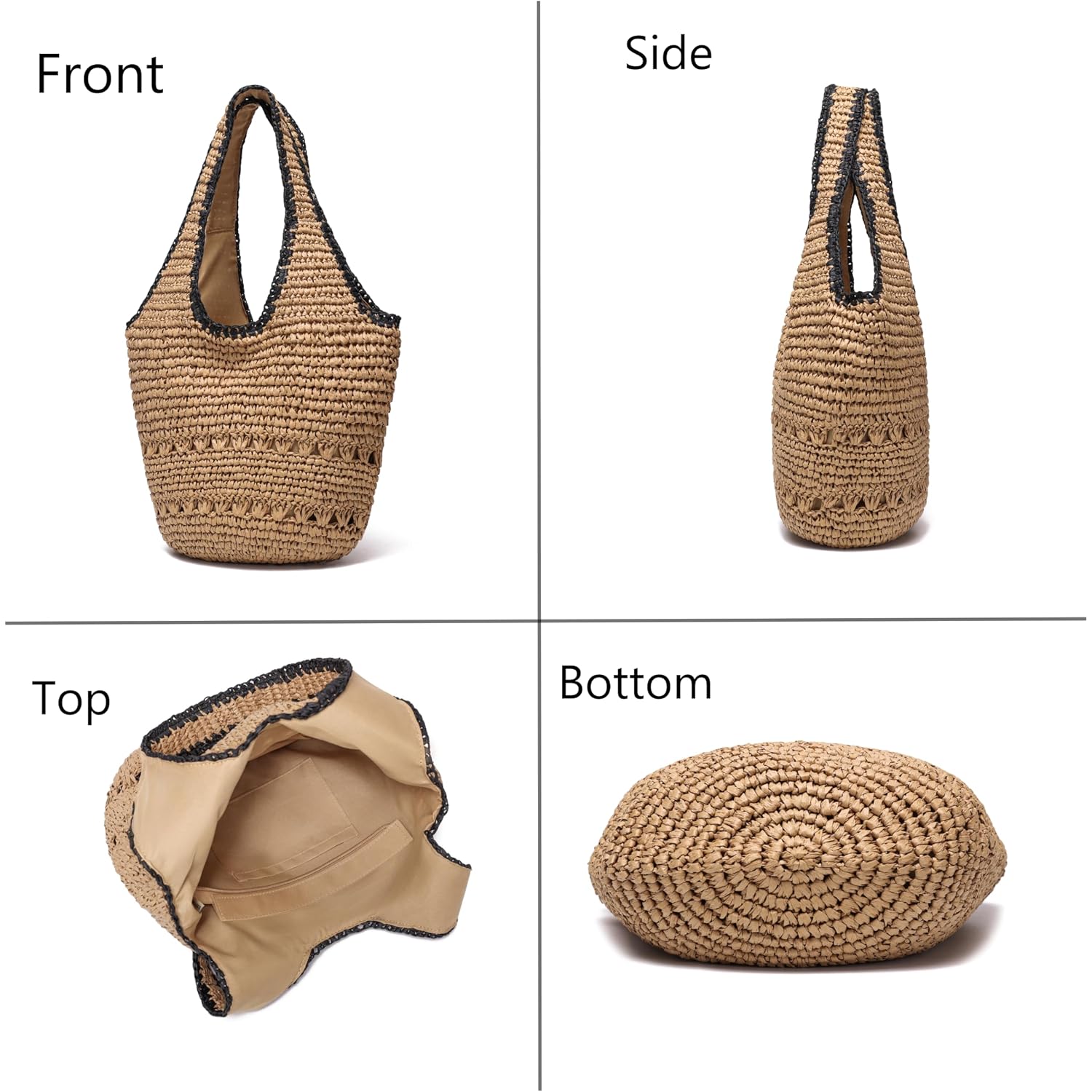 Jollque Straw Bag For Women, Raffia Tote Large Summer Beach Purse Woven Shoulder Bags Boho Vacation Handbag With Zipper