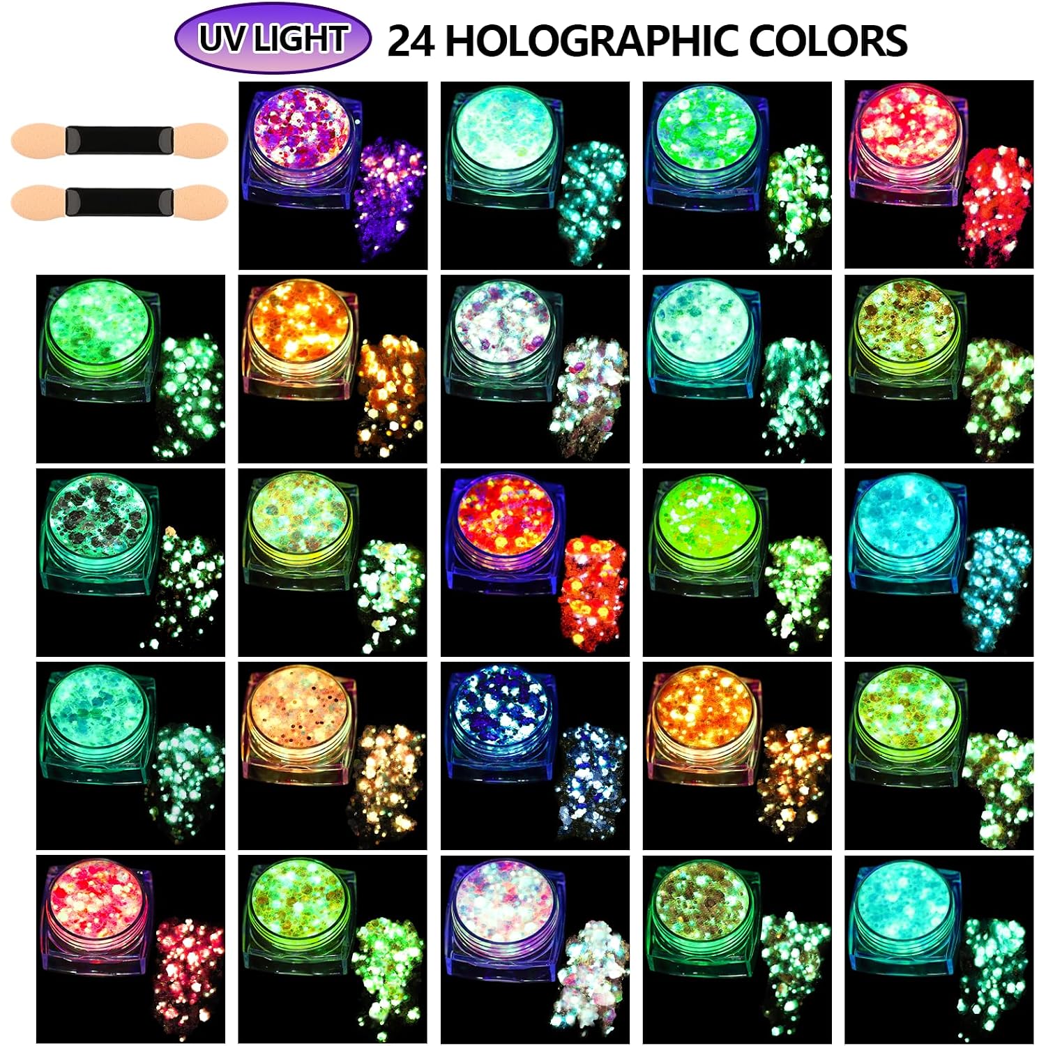 Teenitor 24 Colors Glow In The Dark Body Glitter Face Glitter Gel For Halloween, Hair Glitter For Kids Rave Accessories, Chunky Glitter Face Glitter For Women Makeup In Festivals Party